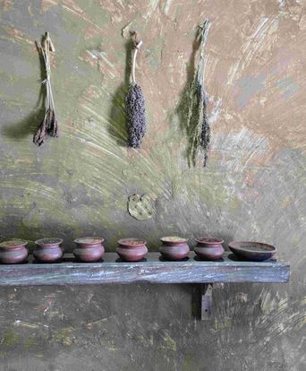 Seven small clay pots of different seeds set in a row along a rough wooden shelf, with three bundles of dried seed heads hanging on the mud wall above.