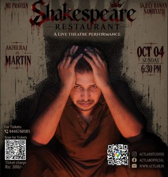Poster for Shakespeare Restaurant, a live theatre performance: a man in a brown shirt sits with his head in his hands; text gives Akhilraj as Martin and Sunday 4 October, 6.30 PM.