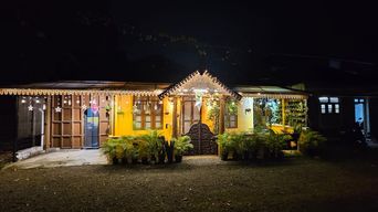 A single-storey house at night with a yellow facade, a carved wooden gable over the entrance, fairy lights strung along the eaves, and ferns and potted plants on a gravel forecourt.