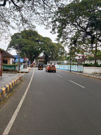 A paved road stretches forward under a canopy of large trees, with an orange car driving away in the right lane and a darker vehicle ahead of it. On the left, a sidewalk runs beside a low wall with a painted sign, and buildings with tiled roofs are visible behind it. On the right, a long white wall is covered with a series of posters or notices, and houses with red-tiled roofs stand behind it. Overhead branches frame the top of the scene, and utility poles line both sides of the road.