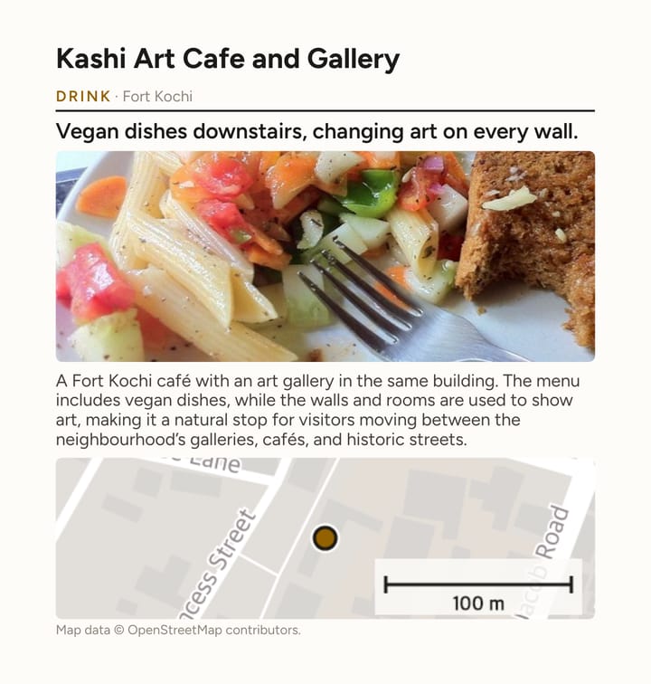 A page from a pocket PDF: Kashi Art Cafe and Gallery, with its photograph, a short description and a small map
